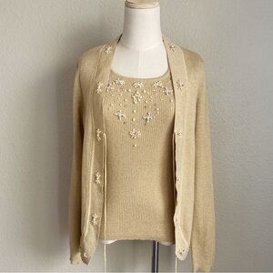 TanJay Pearl and Rhinestone Metallic Gold Tank Top and Cardigan Set